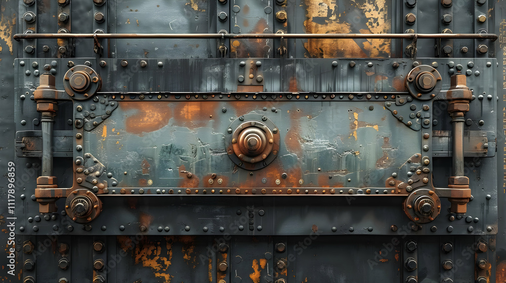 Rusty Metal Panel with Bolts and Gear - Industrial Background Rusty Metal Panel with Bolts and Gear - Industrial Background