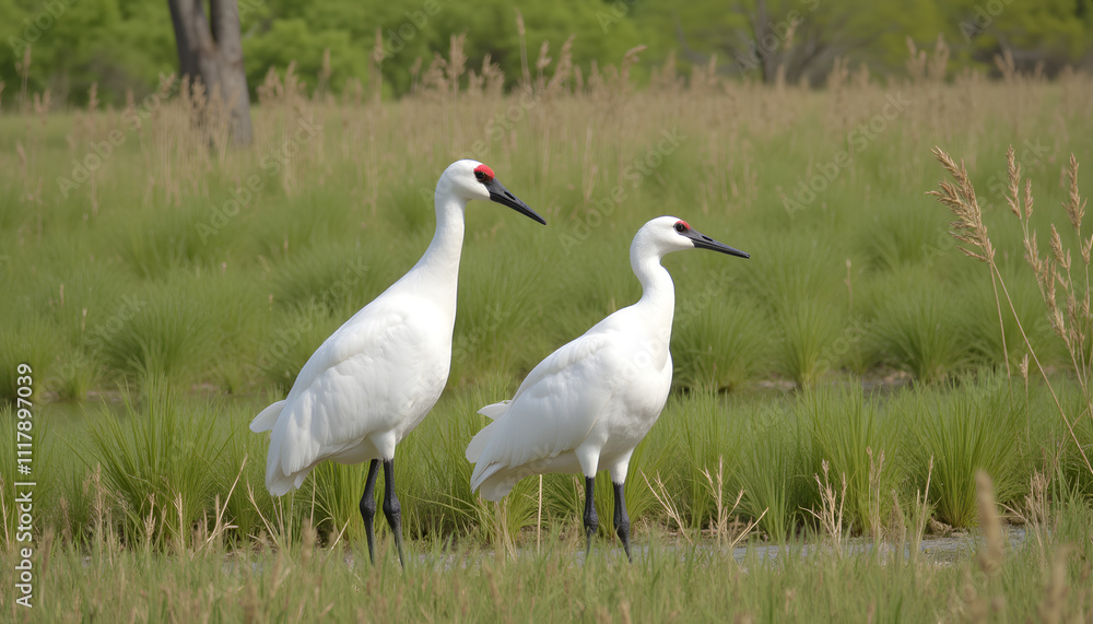Duo of cranes standing side by side in a marshy area with tall grass swaying gently in the wind Duo of cranes standing side by side in a marshy area with tall grass swaying gently in the wind