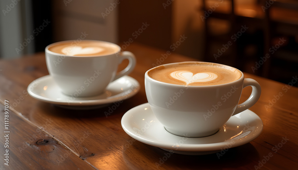 Obraz premium Two cups of latte coffee with heart-shaped foam on a wooden table
