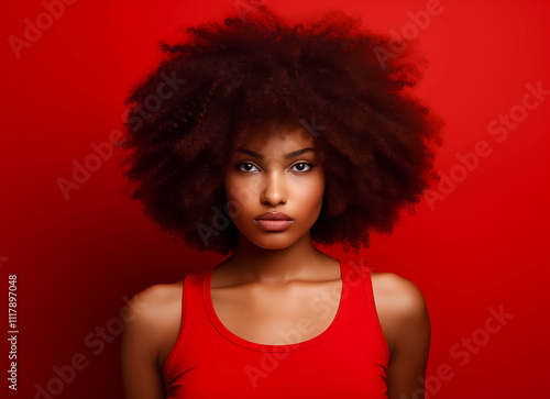 Young beautiful African American woman with curly hair wearing red tank top isolated on a red background. Confidently afro model strikes a pose 