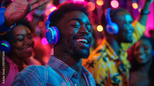 Young people enjoying a silent disco with colorful lights and headphones.