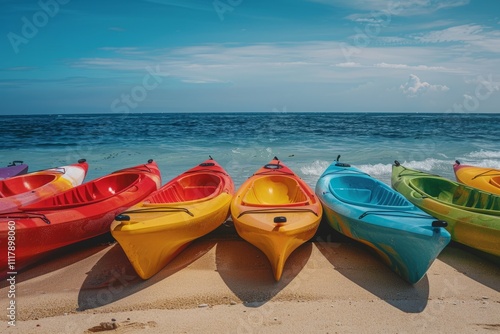 Set of different color kayaks, canoes in stack by ocean. Kayaks on beach. Multicolored boards as rainbow. Concept of professional sport, extreme kind of sports, activity, action. Ad photo