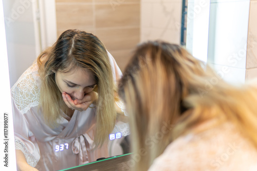 young girl in front of the mirror spits in her hand. Mouthwash while brushing teeth. Intoxication or poisoning is a concept. Suffering from toxicosis during pregnancy. photo