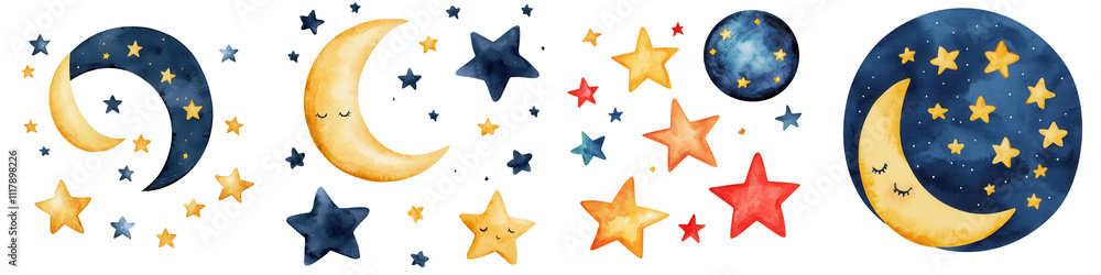 Naklejka premium Whimsical moon and star watercolor illustration with vibrant colors, isolated on transparent background.
