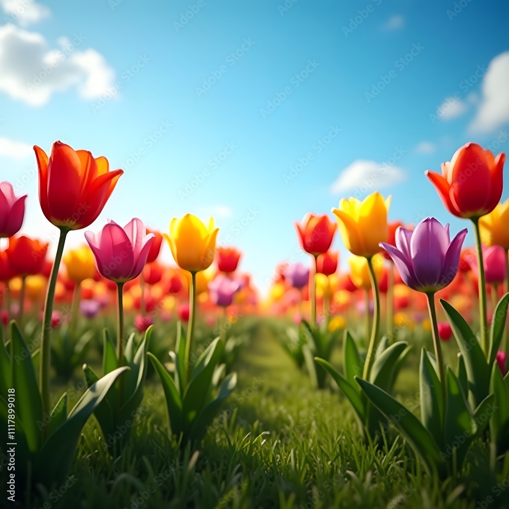 A field of tulips in different colors under a blue sky
A field of tulips in different colors under a blue sky
