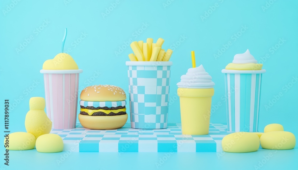 Delicious fast food scene with burgers and drinks colorful background fun concept playful environment Delicious fast food scene with burgers and drinks colorful background fun concept playful environment
