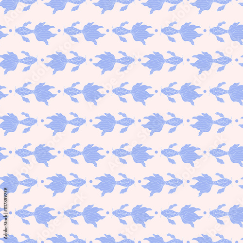 Seamless pattern with blue fishes. Hand-drawn fishes koi. Doodle style.