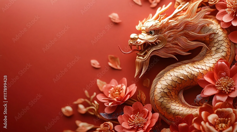 A luxurious flat lay of a golden dragon entwined with red and orange flowers, perfect for Chinese New Year celebrations, symbolizing prosperity and good fortune. A luxurious flat lay of a golden dragon entwined with red and orange flowers, perfect for Chinese New Year celebrations, symbolizing prosperity and good fortune.
