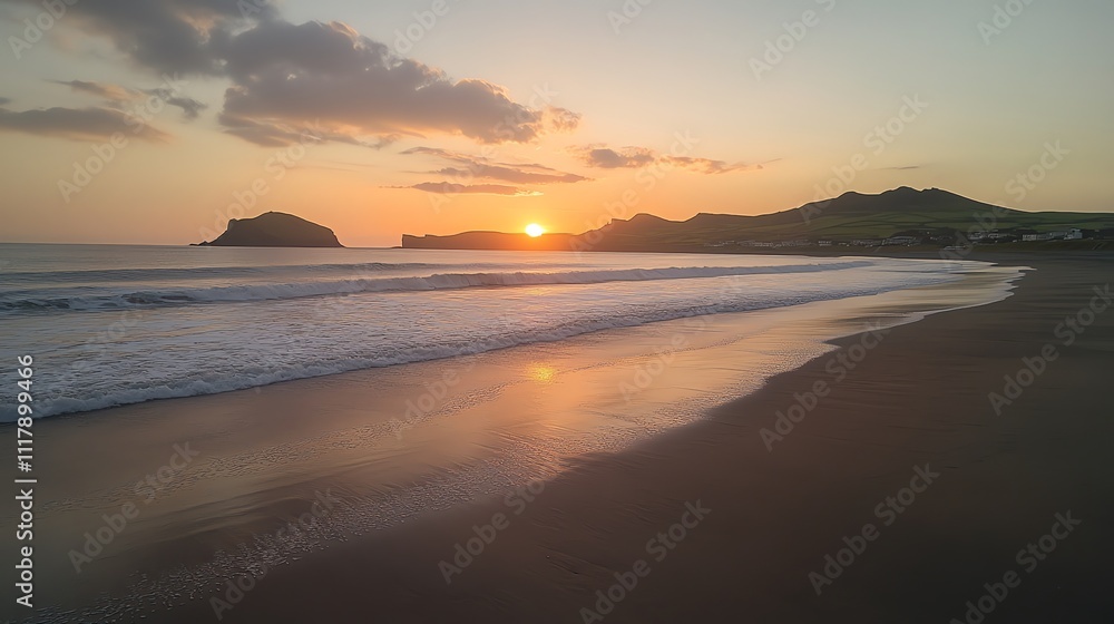 A serene beach at sunset with gentle waves and distant hills. A serene beach at sunset with gentle waves and distant hills.