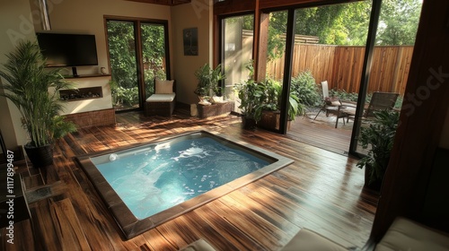 Wallpaper Mural Small backyard oasis with a compact plunge pool, natural wooden decking, and a mix of tropical plants Torontodigital.ca