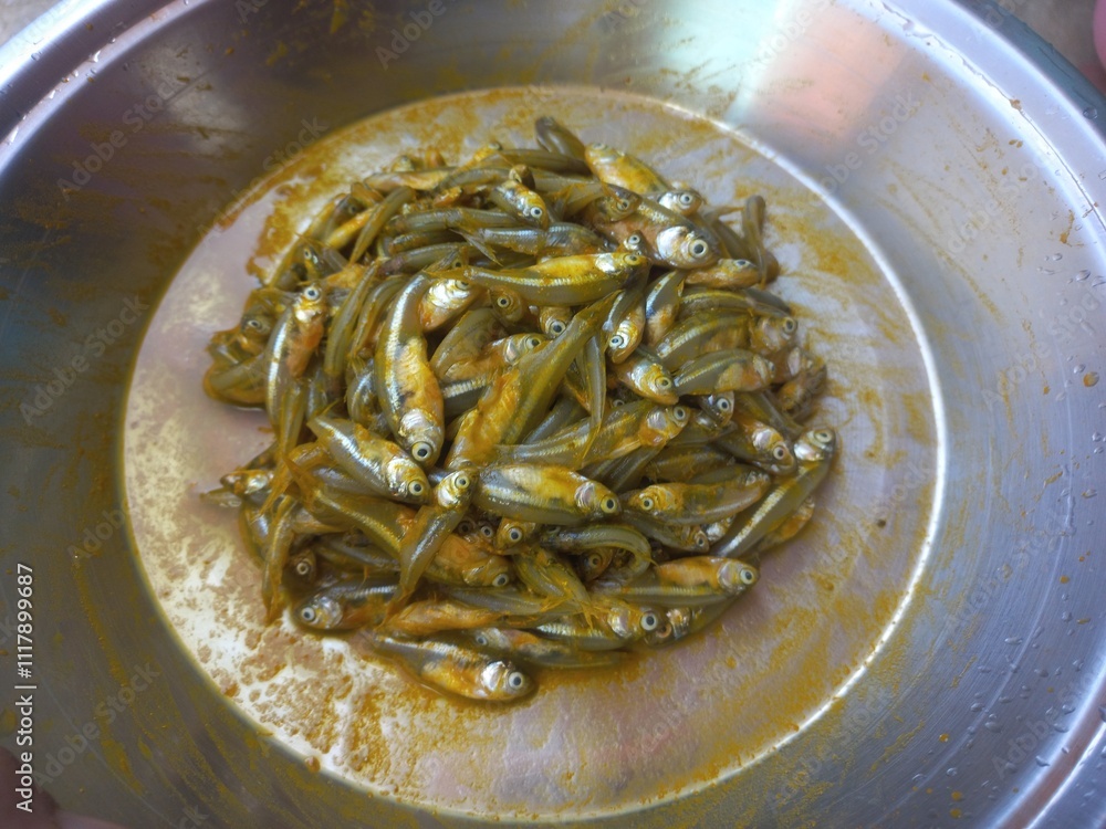 Haldi namak ka mishran kiya hua choti machli,fresh pond small fish of ...