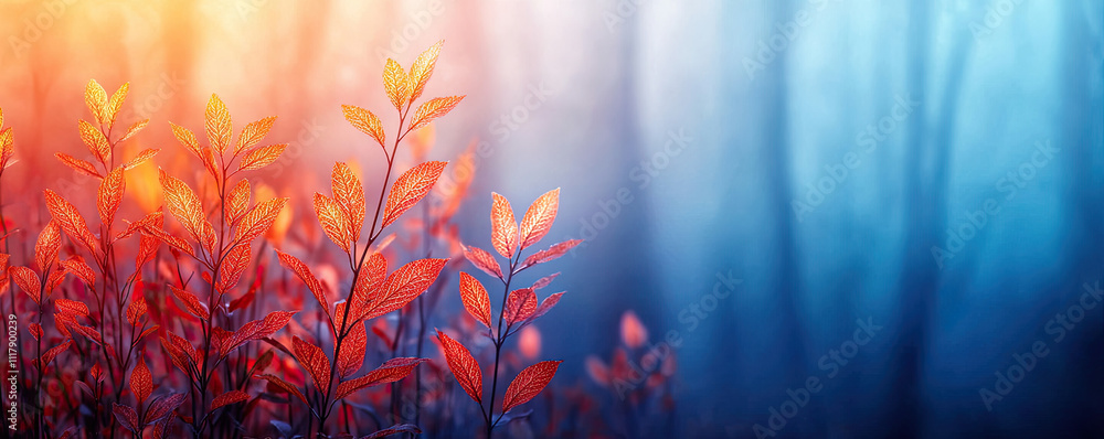 Fototapeta premium Vibrant foliage contrasts with a misty forest backdrop, showcasing autumn colors and tranquility.