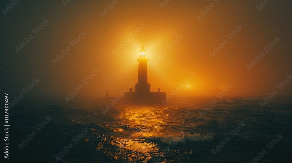 Lighthouse in dense fog, glowing light beams through heavy mist, dark ocean waves. Lighthouse in dense fog, glowing light beams through heavy mist, dark ocean waves.