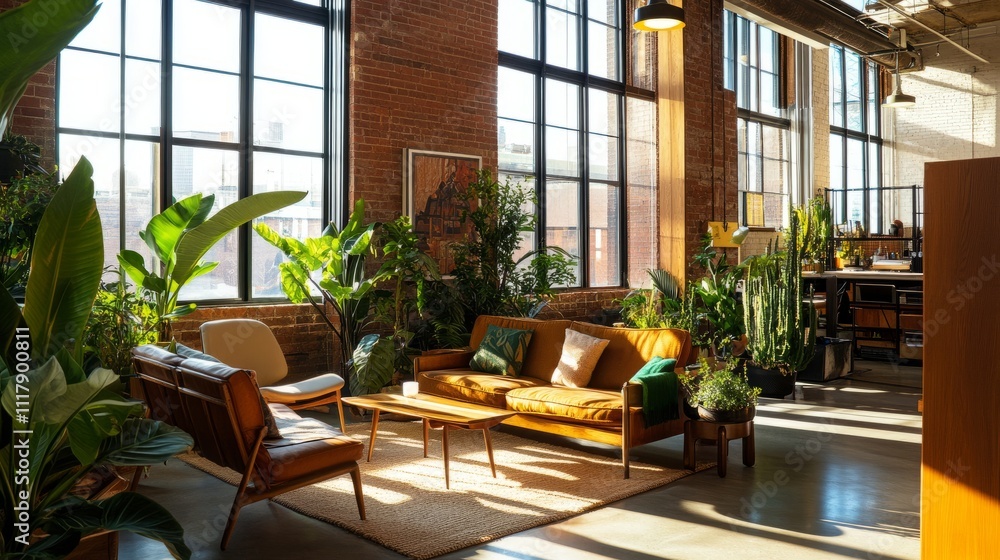 Stylish office space with modern furniture, large windows, and vibrant green plants enhancing a professional yet creative atmosphere Stylish office space with modern furniture, large windows, and vibrant green plants enhancing a professional yet creative atmosphere