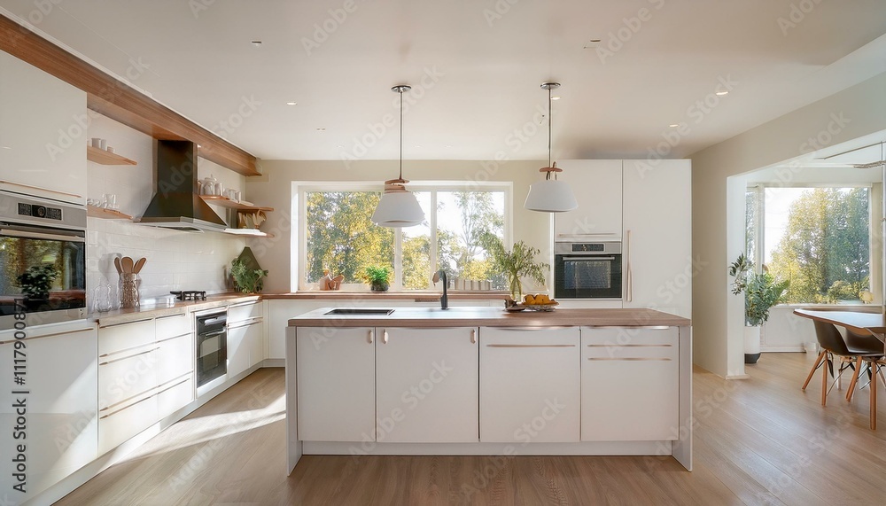Fototapeta premium Cozy white kitchen featuring warm lighting and inviting decor for a comfortable cooking space