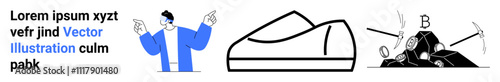 Character in blue jacket pointing, minimalistic shoe illustration, and cryptocurrency mining setup with pickaxe and Bitcoin symbol. Ideal for character design, product illustration, cryptocurrency