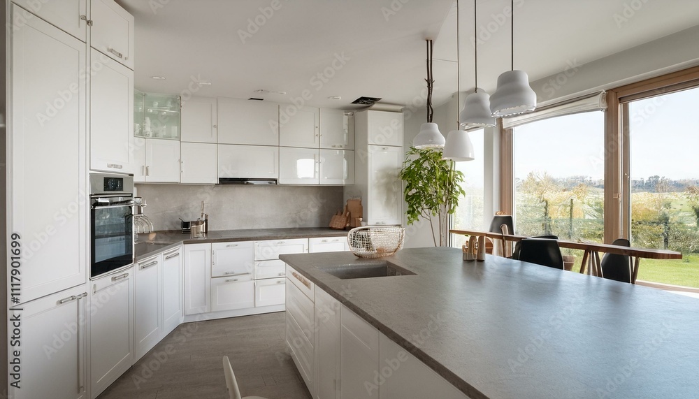 Fototapeta premium Cozy white kitchen featuring warm lighting and inviting decor for a comfortable cooking space