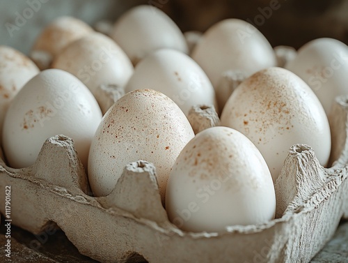 Close-up of a dozen speckled white eggs in a cardboard carton. photo