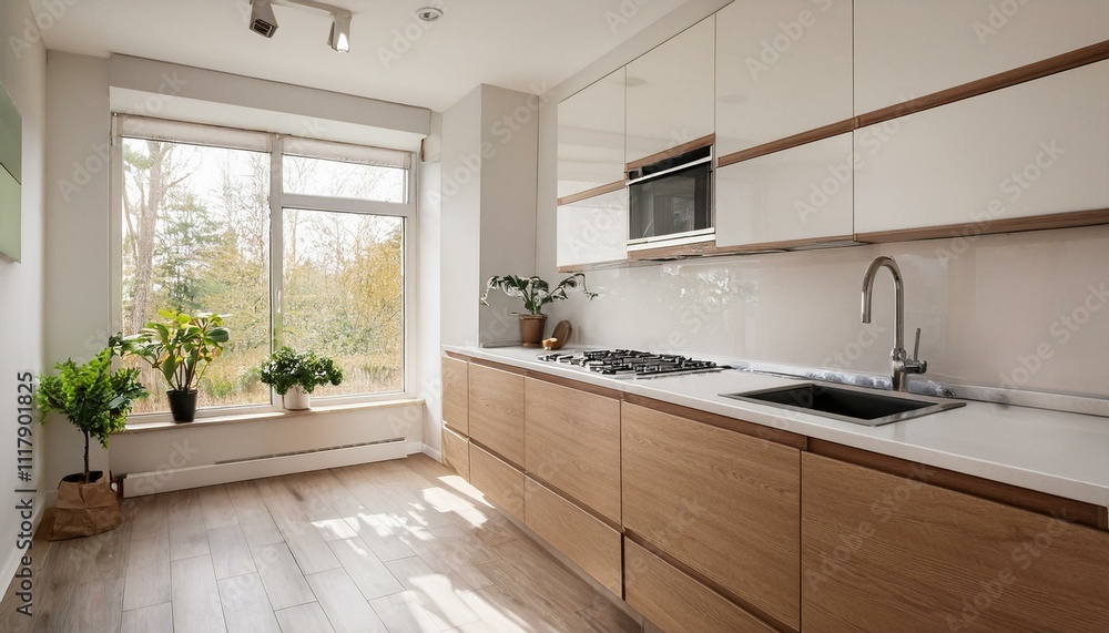 Bright white kitchen featuring large windows and neutral accents for a cheerful and inviting atmosphere Bright white kitchen featuring large windows and neutral accents for a cheerful and inviting atmosphere