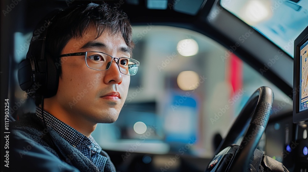 Man wearing headphones drives a car with navigation Man wearing headphones drives a car with navigation