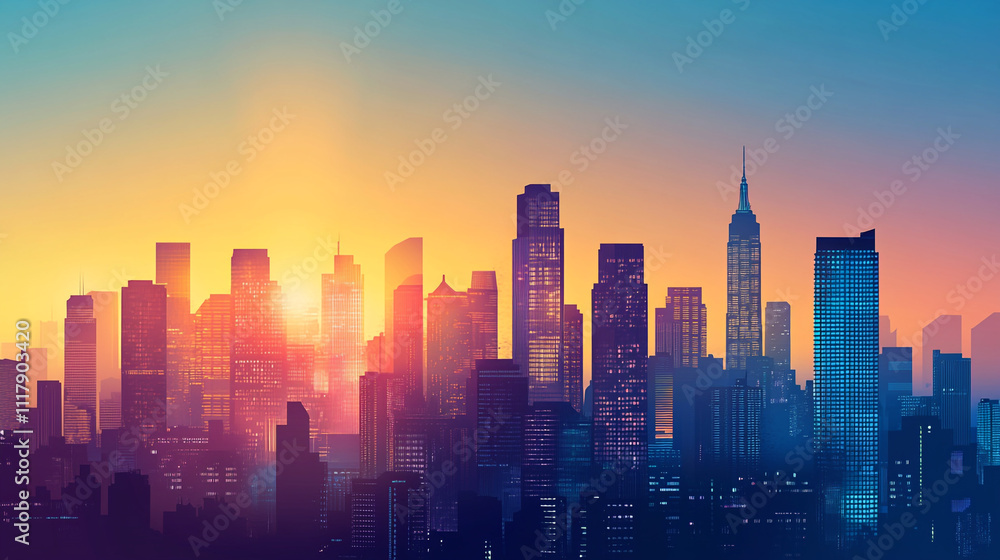 City skyline illuminated by sunset over the horizon with vibrant colors and silhouettes of buildings City skyline illuminated by sunset over the horizon with vibrant colors and silhouettes of buildings