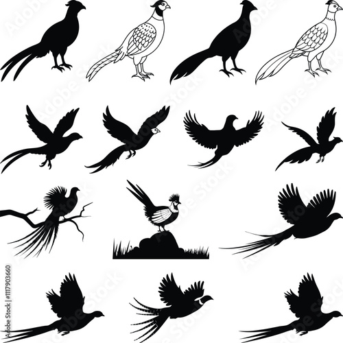 Pheasant silhouette Vector Silhouette, Flying pheasant silhouette, Pheasant SVG, Pheasant silhouette clip art.