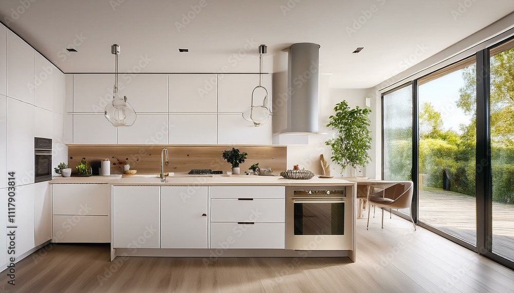 Fototapeta premium Bright white kitchen showcasing large windows and neutral decor for a cheerful and inviting atmosphere