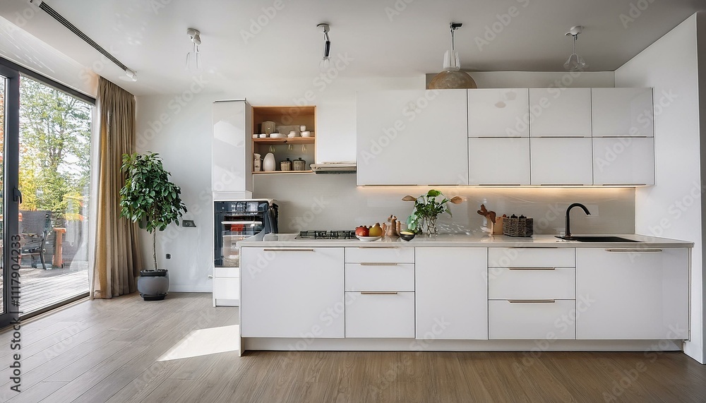 Fototapeta premium Bright white kitchen featuring large windows and neutral decor for a cheerful and inviting atmosphere