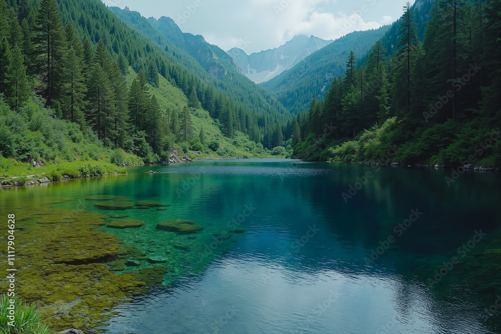 A large body of water surrounded by trees and mountains