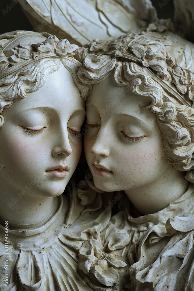 A close up of two statues of angels with their eyes closed A close up of two statues of angels with their eyes closed
