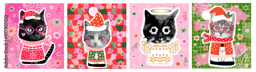 Funny vector winter greeting cards with Cute cats with ugly Christmas sweaters, Santa hats, scarves, Fun comic kitty angel illustration collage