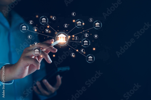 Currency exchange and international concept. Businessman with virtual global money exchange, foreign, international money transfer, financial online banking
