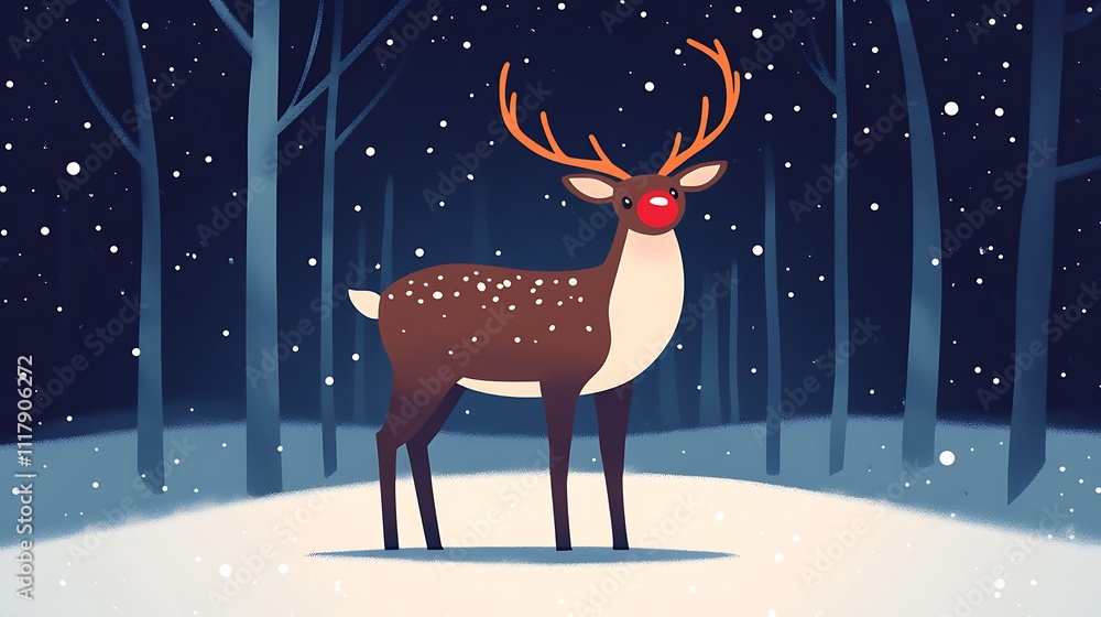 Majestic Reindeer Standing in Snowy Forest at Night with Glowing Red Nose and Beautiful Snowfall, Perfect for Winter-Themed Art and Holiday Celebrations Majestic Reindeer Standing in Snowy Forest at Night with Glowing Red Nose and Beautiful Snowfall, Perfect for Winter-Themed Art and Holiday Celebrations