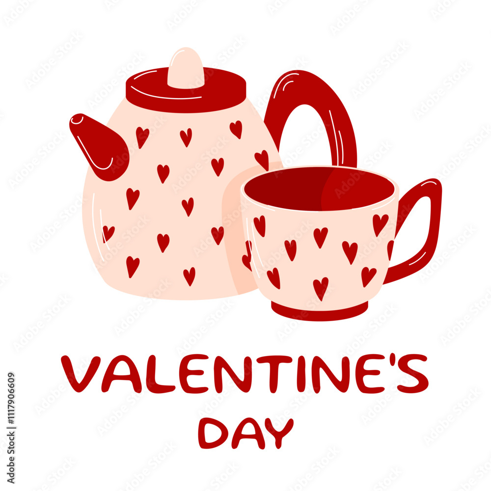 Valentine Day banner with a teapot and cup decorated with red hearts in flat style. Perfect for romantic, festive or holiday design. Valentine Day banner with a teapot and cup decorated with red hearts in flat style. Perfect for romantic, festive or holiday design.