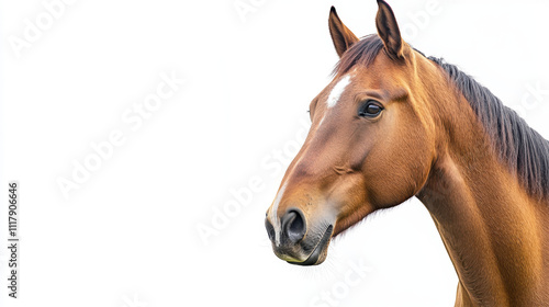 Close-up of a majestic brown horse with a white blaze, captured against a clean white background, showcasing its serene expression and glossy coat. photo