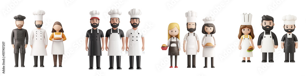 Chefs and restaurant staff in various uniforms, showcasing teamwork and diversity, isolated on transparent background. Chefs and restaurant staff in various uniforms, showcasing teamwork and diversity, isolated on transparent background.