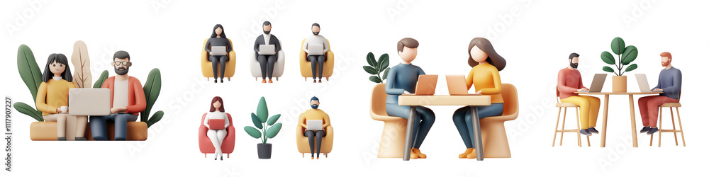 Remote work characters collaborating in modern home office setting, isolated on transparent background. Remote work characters collaborating in modern home office setting, isolated on transparent background.