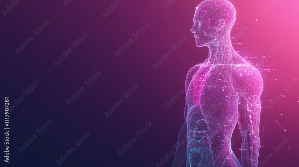 Digital Human Anatomy: A 3D Wireframe Model of the Male Torso Illustrating Internal Organs and Musculature with Pink and Purple Gradient Background Digital Human Anatomy: A 3D Wireframe Model of the Male Torso Illustrating Internal Organs and Musculature with Pink and Purple Gradient Background
