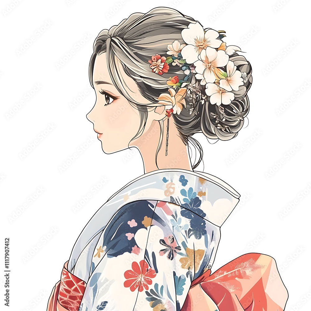 Beautiful anime girl in a traditional Japanese yukata with a flower hairpin on a white background