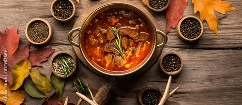 Copper pot containing venison goulash stew with seasoning bowls on a wooden surface, surrounded by deer antlers and leaves. photo