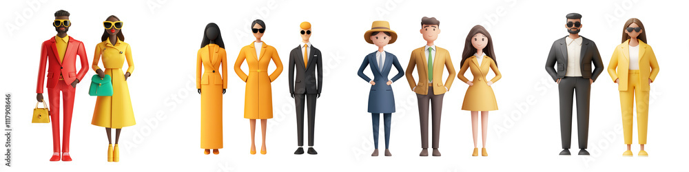 Stylish characters in vibrant yellow and red outfits showcase modern fashion trends, isolated on transparent background. Stylish characters in vibrant yellow and red outfits showcase modern fashion trends, isolated on transparent background.