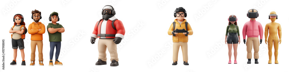 Naklejka premium Gaming characters in various outfits, showcasing diversity and fun, isolated on transparent background.