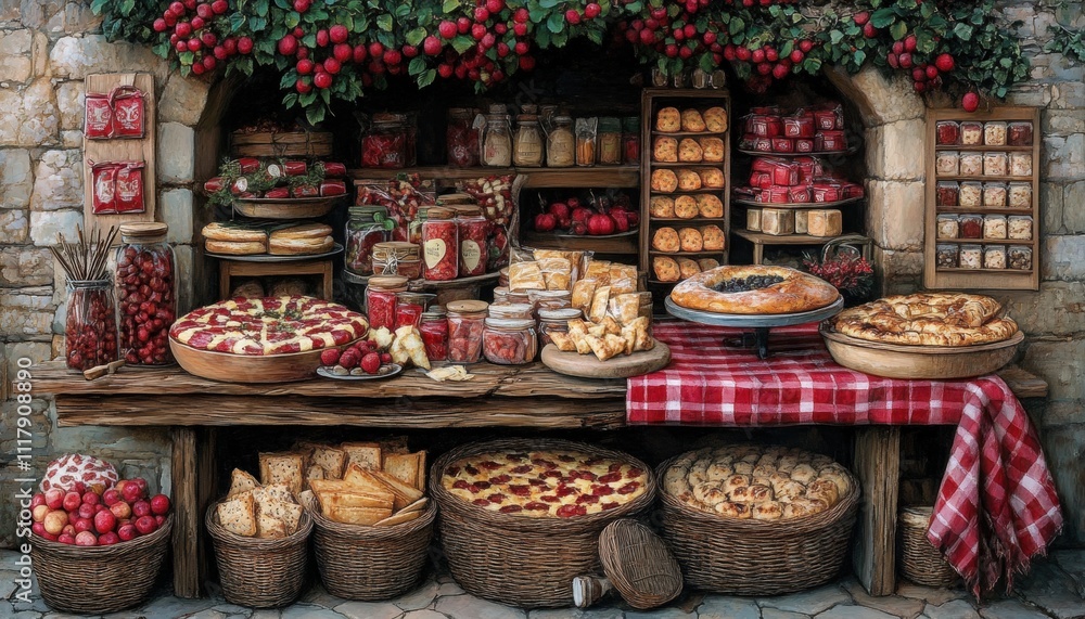 Rustic food market displaying fresh pastries and jams countryside setting culinary focus vibrant atmosphere front view farm-to-table concept Rustic food market displaying fresh pastries and jams countryside setting culinary focus vibrant atmosphere front view farm-to-table concept