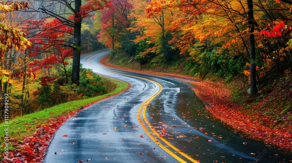 Fototapeta premium Autumn Road Through Colorful Trees