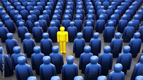 Standout Yellow Figure Among Rows of Blue Figures Representing Individuality

 photo