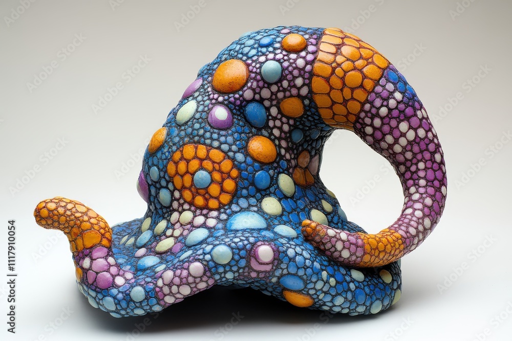 Fototapeta premium A colorful, abstract sculpture with swirling shapes and dotted patterns.