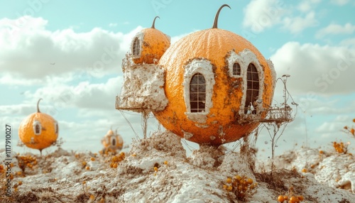 Whimsical pumpkin houses on rocky terrain surreal landscape digital art dreamlike sky fantasy environment photo