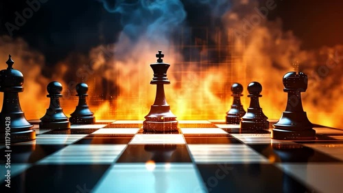 Chess pieces on a board with fire and smoke for a dramatic gaming atmosphere. photo