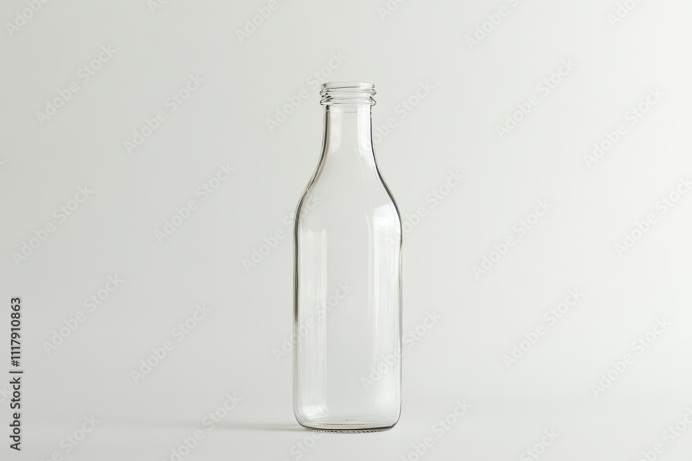 Clear glass bottle with no cap isolated on white background, ideal for beverage packaging and branding concepts Clear glass bottle with no cap isolated on white background, ideal for beverage packaging and branding concepts