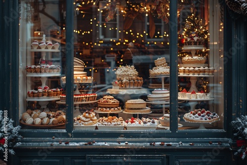 A beautifully arranged bakery window features an enticing selection of cakes and pastries decorated for the holiday season. The warm glow of lights adds a festive touch to the scene